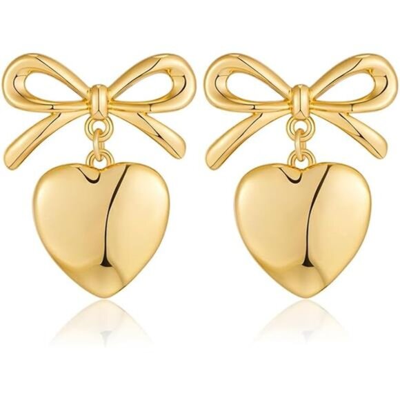 Gold Heart Earrings with Ribbon Studs – Cute & Hypoallergenic - Picture 4 of 4